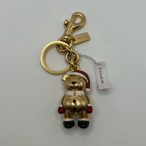 🎄🧸NWT COACH 3D Christmas Santa Teddy Bear Bag Charm Key Chain Ring Gold - Picture 2 of 7